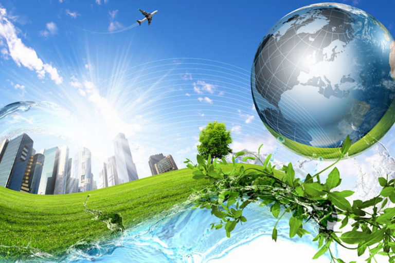 Green nature landscape with planet Earth