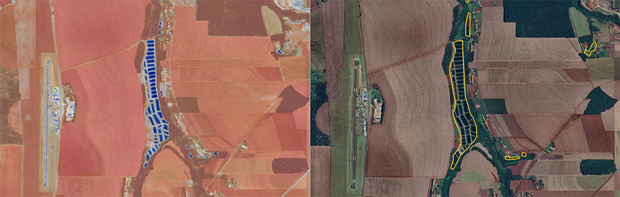 Imagem de satélite do mapeamento de viveiros aquícolas em Toledo, no Paraná. Imagem: Embrapa